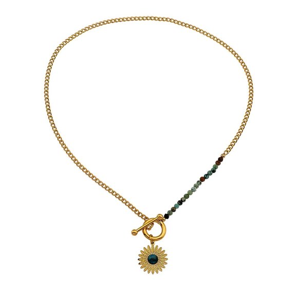 Boho-Chic McKENZIE Necklace - Natural Blue Stone & Gold - Ornate Sun Pendant - Picture 4 of 8